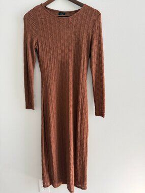 Rust Textured Knit Column Maxi Dress Long Sleeve Minimalist Stretch Fall Dress M